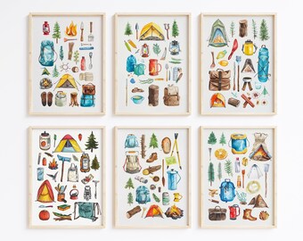 Impresión de arte de pared de camping retro, póster de campamento para niños, juego de 6 impresiones, arte de pared natural, decoración al aire libre, póster de camping, arte de pared vintage, digital