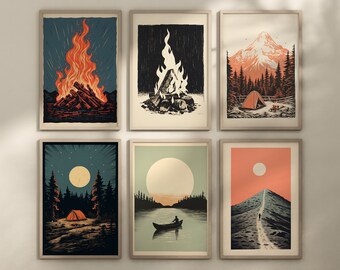 Retro camping wall art print, set of 6 prints, dorm room decor, nature wall art, outdoor decor, farmhouse decor, vintage wall art, digital