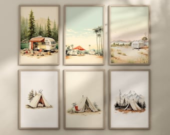 Retro camping wall art print, set of 6 prints, dorm room decor, nature wall art, outdoor decor, farmhouse decor, vintage wall art, digital