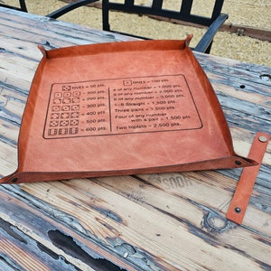 May include: A square, orange leather dice tray with a rolled edge and a strap closure. The tray has printed scoring rules for a dice game. The tray is on a wooden table.