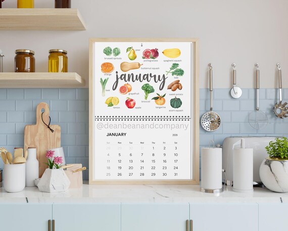 2026 Seasonal Produce Wall Calendar Gardening Guide Watercolor Fruits Veggies Kitchen Dining Room Decor Planner Healthy Eating Gift Local