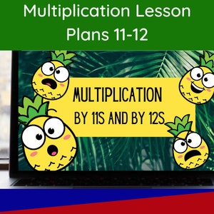 May include: A laptop computer with a green background and a pineapple design. The screen displays the text "Multiplication by 11s and by 12s".