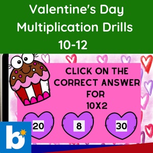 Op de afbeelding: Een roze en witte Valentijnsdag-thema multipli-oefenspel op een computerscherm. Het spel vraagt de gebruiker om te klikken op het juiste antwoord voor 10 x 2. De antwoordkeuzes zijn 20, 8 en 30.