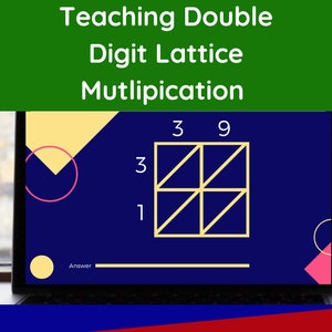 Può includere: Uno schermo di laptop che mostra un problema di matematica che utilizza il metodo della grata per moltiplicare 39 per 31. Il titolo della lezione è "Insegnare la moltiplicazione a reticolo a due cifre".