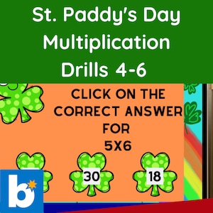St. Paddy&#39;s Day Multiplication Drills 4-6 Boom Cards 3rd grade math activity ***Digital Download***