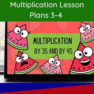 Könnte beinhalten: Ein Laptop-Bildschirm zeigt einen farbenfrohen Unterrichtsplan für die Multiplikation mit 3er und 4er. Der Unterrichtsplan zeigt Comic-Wassermelonen mit verschiedenen Gesichtsausdrücken. Der Titel des Unterrichtsplans lautet "Multiplication Lesson Plans 3-4".