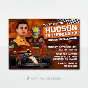 Lando Norris Invite, Rennauto-Geburtstagseinladung, McLaren Racing, F1-Thema, personalisiertes Evite, druckbare Karte, individueller digitaler Download