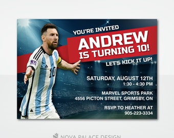 Invitación de fútbol personalizada, invitación de cumpleaños de Messi, tema de fútbol de Argentina, descarga digital personalizada, Evite, tarjeta imprimible