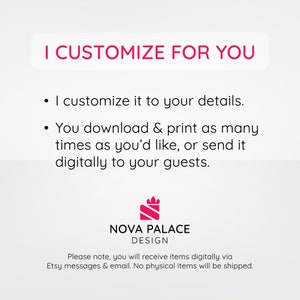 Puede incluir: Un gr&aacute;fico rosa y blanco con el texto "I CUSTOMIZE FOR YOU" y una lista de detalles sobre el producto. El gr&aacute;fico tambi&eacute;n incluye el texto "NOVA PALACE DESIGN" y un logotipo de corona rosa. El texto debajo del logotipo dice "Tenga en cuenta que recibir&aacute; los art&iacute;culos digitalmente a trav&eacute;s de los mensajes de Etsy y el correo electr&oacute;nico. No se enviar&aacute;n art&iacute;culos f&iacute;sicos."