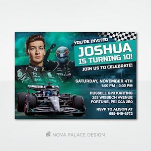 George Russell Invite, Rennauto-Geburtstagseinladung, Mercedes Racing, F1-Thema, personalisiertes Evite, druckbare Karte, individueller digitaler Download