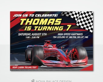 May include: A red race car speeding down a track with a checkered flag waving in the background. The text "JOIN US TO CELEBRATE! THOMAS IS TURNING 7" is at the top of the image. The text "SATURDAY, AUGUST 5TH 1:00 - 3:00 PM" is below the car. The text "HIGH SPEED KARTWAYS 784 LECLERC ST. MILTON, ON L9T 1N6" is below the car. The text "RSVP: LAURA 705.840.7557" is at the bottom of the image.