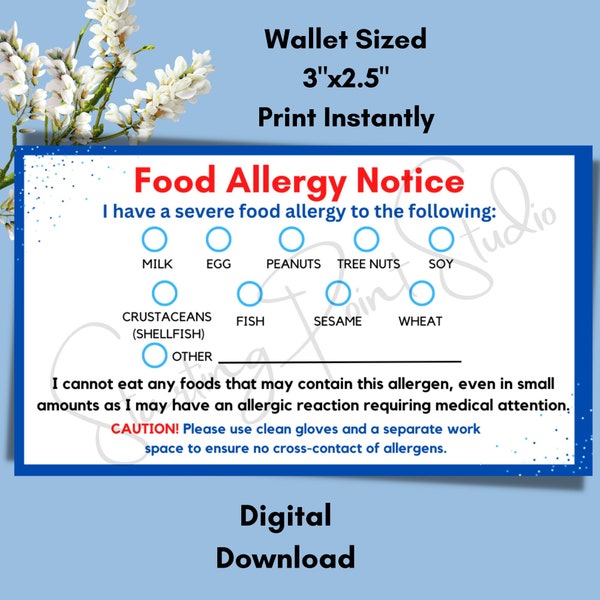 Food Allergy Restaurant Chef Notice Card | Dining Out Health | Wallet Size Medical Emergency Alert Notice | Top Allergens | Caution Card