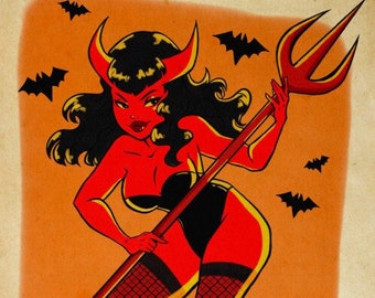 May include: A red-skinned woman with horns and a pitchfork stands in front of three orange pumpkins with carved faces. The background is a vintage orange and brown color with bats flying around.