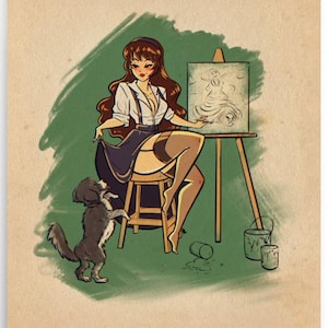 May include: Illustration of a woman artist with long brown hair, wearing a white shirt and dark blue skirt, painting on a canvas. A dog stands nearby, looking up. The background has a green brushstroke.