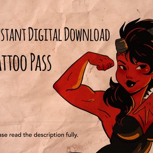 Könnte beinhalten: Ein digitaler Download für einen Tattoo-Pass mit einer rothaarigen Frau mit schwarzen Haaren und Hörnern, die ihren Bizeps beugt. Der Text "INSTANT DIGITAL DOWNLOAD TATTOO PASS" befindet sich oben im Bild. Der Text "Bitte lesen Sie die Beschreibung vollständig durch." befindet sich unten im Bild.
