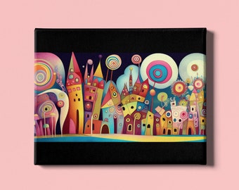 Lollipopolis colorful poster, lollipops colorful houses wall art, psychedelic Candyland wall decor, fantasy art, cityscape art, dreamscape