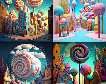 Lollipopolis Digital Images Grid, Crafter Supply, Candyland, Abstract Art Grid, Clipart Images Grid, 1024 X 1024 Pixel Grid, 4 Image Grid