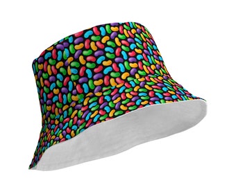 Reversible Bucket Hat, Beans, BLACK/WHITE, Candy Hat, Fun, Colorful, Whimsical, 2 sizes