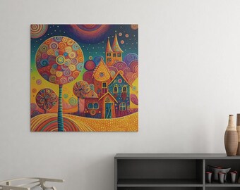 Lollipopolis colorful uncoated poster, lollipops colorful houses wall art, psychedelic Candyland wall decor, fantasy land, cityscape poster