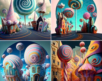 Lollipopolis Digital Images Grid, Crafter Supply, Candyland, Abstract Art Grid, Clipart Images Grid, 1024 X 1024 Pixel Grid, 4 Image Grid