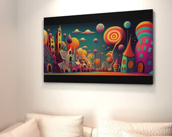 Lollipopolis colorful poster, lollipops and colorful houses wall art, fantasy art, Candyland wall decor, enchanted cityscape art, dreamscape