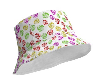 Reversible Bucket Hat, Lollipop Heads, WHITE/WHITE, Candy Hat, Fun, Colorful, Whimsical, 2 sizes