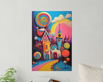 Colorful Wall Decal, Psychedelic Lollipops, Colorful Tiny Houses, Candyland Wall Art, Fantasy Cityscape, Adhesive Wall Mural