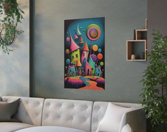 Lollipopolis portrait style satin finish poster, lollipops colorful houses psychedelic candyland wall art, fantasy skyline cityscape art