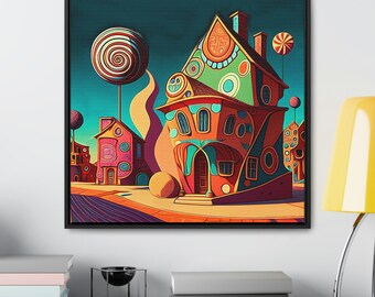 Abstract Kids’ Wall Art, Framed Canvas Print, Nursery Playroom Décor Fun, Colorful Houses, Fun Geometric Wall Art, Kids' Bedroom Art