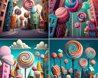 Lollipopolis Digital Images Grid, Crafter Supply, Candyland, Abstract Art Grid, Clipart Images Grid, 1024 X 1024 Pixel Grid, 4 Image Grid