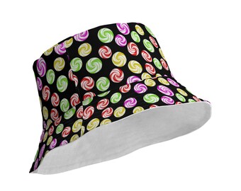 Reversible Bucket Hat, Lollipop Heads, BLACK/WHITE, Candy Hat, Fun, Colorful, Whimsical, 2 sizes