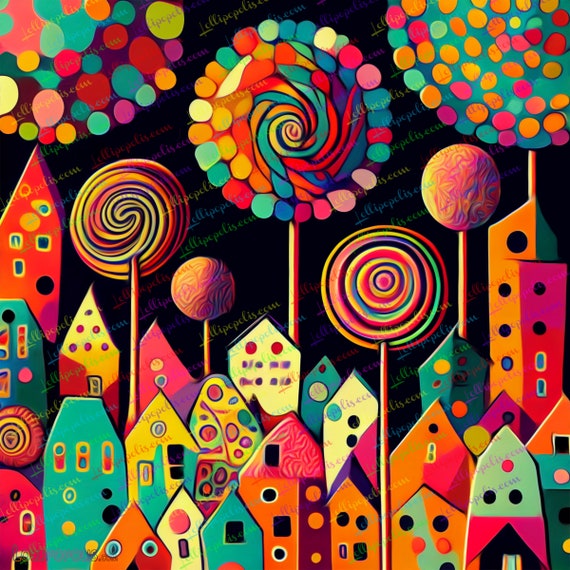 Abstract Lollipop Wall Art, Craft Supplies, Nursery Playroom Décor,  Colorful Houses, Geometric Wall Art, Candyland Art, Instant Download 