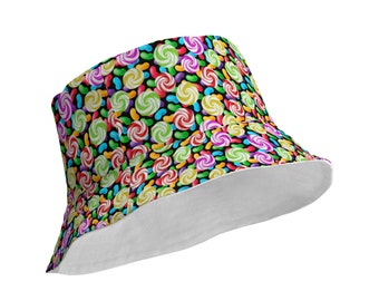Reversible Bucket Hat, Lollipop Heads and Beans, BLACK/WHITE, Candy Hat, Fun, Colorful, Whimsical, 2 Sizes