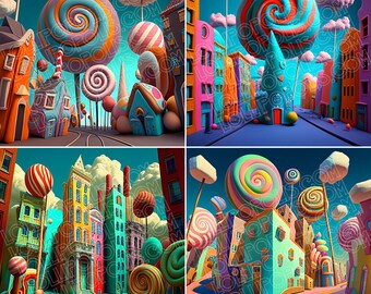 Lollipopolis Digital Images Grid, Crafter Supply, Candyland, Abstract Art Grid, Clipart Images Grid, 1024 X 1024 Pixel Grid, 4 Image Grid