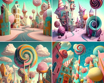 Lollipopolis Digital Images Grid, Crafter Supply, Candyland, Abstract Art Grid, Clipart Images Grid, 1024 X 1024 Pixel Grid, 4 Image Grid