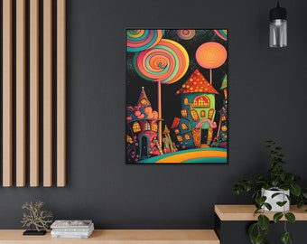 Abstract Kids’ Wall Art, Framed Canvas Print, Nursery Playroom Décor Fun, Colorful Houses, Fun Geometric Wall Art, Kids' Bedroom Art