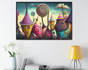 Abstract Kids’ Wall Art, Framed Canvas Print, Nursery Playroom Décor Fun, Colorful Houses, Fun Geometric Wall Art, Kids' Bedroom Art