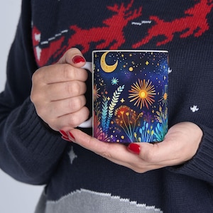 Celestial Floral Ceramic Mug - Night Sky, Coffee Lover Gift, Astrology Decor, Moon & Stars, Cosmic Kitchenware