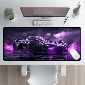 Neon Sports Car Desk Mat, Gamer Desk Accessories, Office Decor, Car Enthusiast Gift, Gaming Mouse Pad, Modern Desk Pad