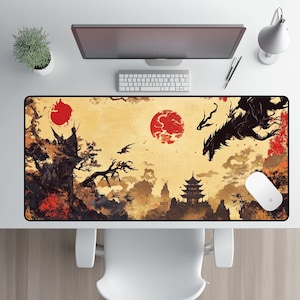 Dragon Landscape Desk Mat - Japanese Art Desk Pad, Office Decor, Gamer Mat, Unique Gift, Home Workspace Enhancement