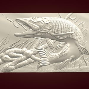 Anzuelo para morder lucios - Archivo STL en bajorrelieve 3D para impresión 3D y CNC - Tallado en madera 3D - Pez - Bajorrelieve