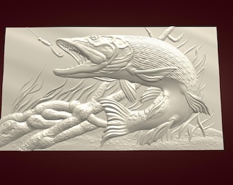 Hecht Beisshaken - 3D Flachrelief STL Datei für CNC und 3D Druck - 3D Holzschnitzerei - Fisch - Flachrelief