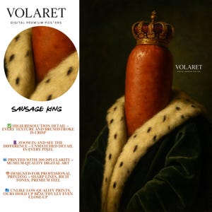 Royal Sausage Portrait | Funny King Sausage Wall Art | Baroque Style Food Decor | Digital Print Download