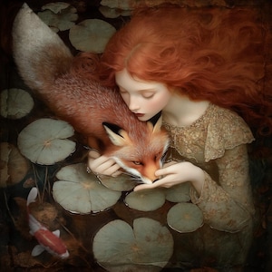 Könnte beinhalten: Ein digitales Kunstwerk zeigt eine Frau mit langen roten Haaren, die einen Fuchs in einem Teich mit Seerosen umarmt. Der Fuchs hat orangefarbenes und weißes Fell. Ein Koi-Karpfen schwimmt in der Nähe. Die Frau trägt ein goldfarbenes Kleid.