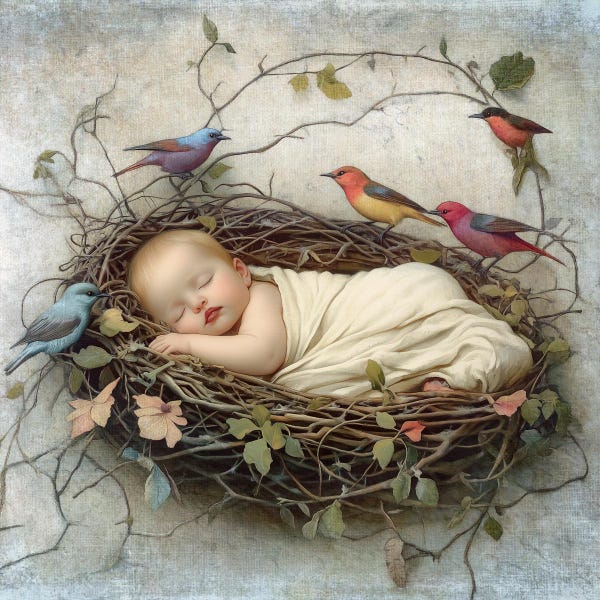 The Nestling Giclee Art Print: Baby in Bird Nest, Signed Limited Edition