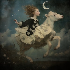 May include: A young girl with long, curly brown hair rides a white calf under a crescent moon and stars. The girl wears a black and white dress with a floral pattern. The calf is running through a field of grass.
