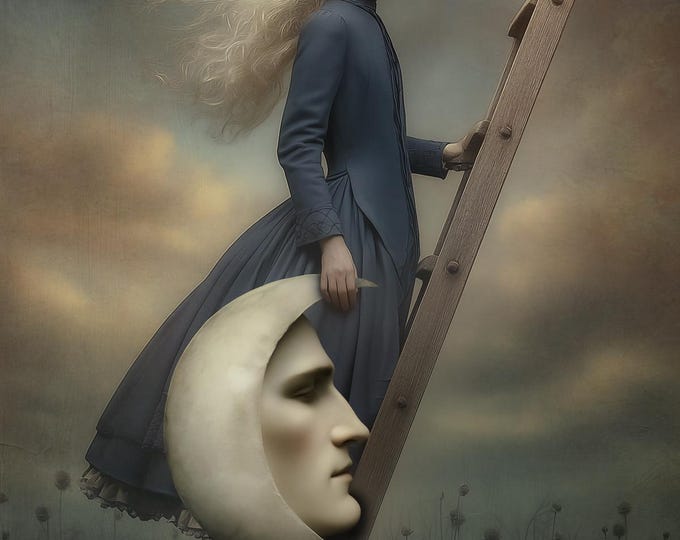 Signed ooak artist's proof print - Hanging the Moon - gothic heroine celestial dark portrait