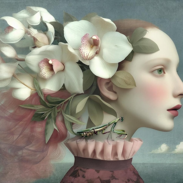 Botanical portrait limited edition signed print - The Mantis - giclee floral surreal