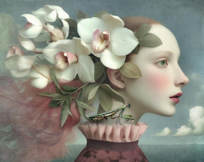 Botanical portrait limited edition signed print - The Mantis - giclee floral surreal