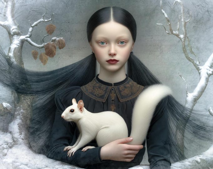 Signed ooak artist proof - The White Squirrel - animals - gothic wall art - winter